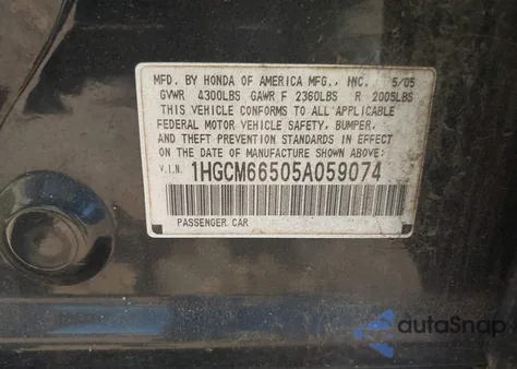 2005 Honda Accord 3.0 Ex from USA, damaged, VIN 1HGCM66505A059074